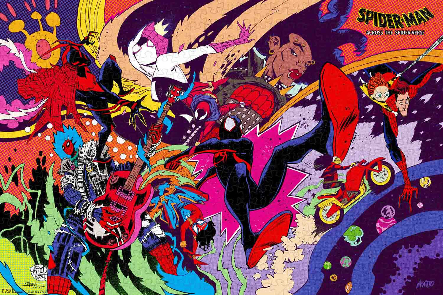 a jigsaw puzzle for : screenprinted poster for SPIDER-MAN: ACROSS THE SPIDER-VERSE (2023) by the amazing Spider-Verse concept artists Sanford Greene and Jim Mahfood.