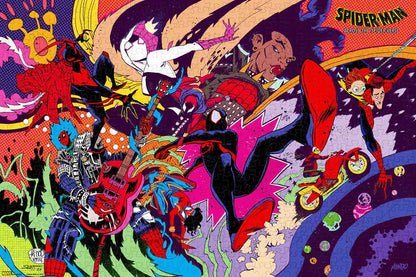 a jigsaw puzzle for : screenprinted poster for SPIDER-MAN: ACROSS THE SPIDER-VERSE (2023) by the amazing Spider-Verse concept artists Sanford Greene and Jim Mahfood.