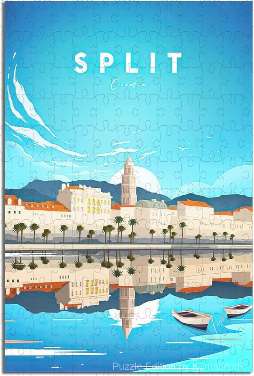 Vintage Split city poster puzzle with coastal travel art style