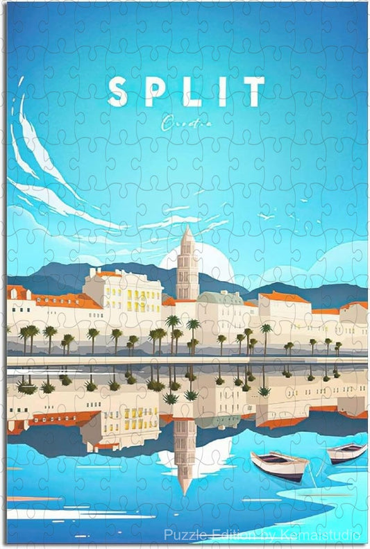Vintage Split city poster puzzle with coastal travel art style