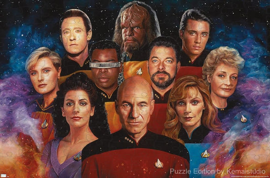 A colorful illustration of Star Trek: The Next Generation's iconic crew