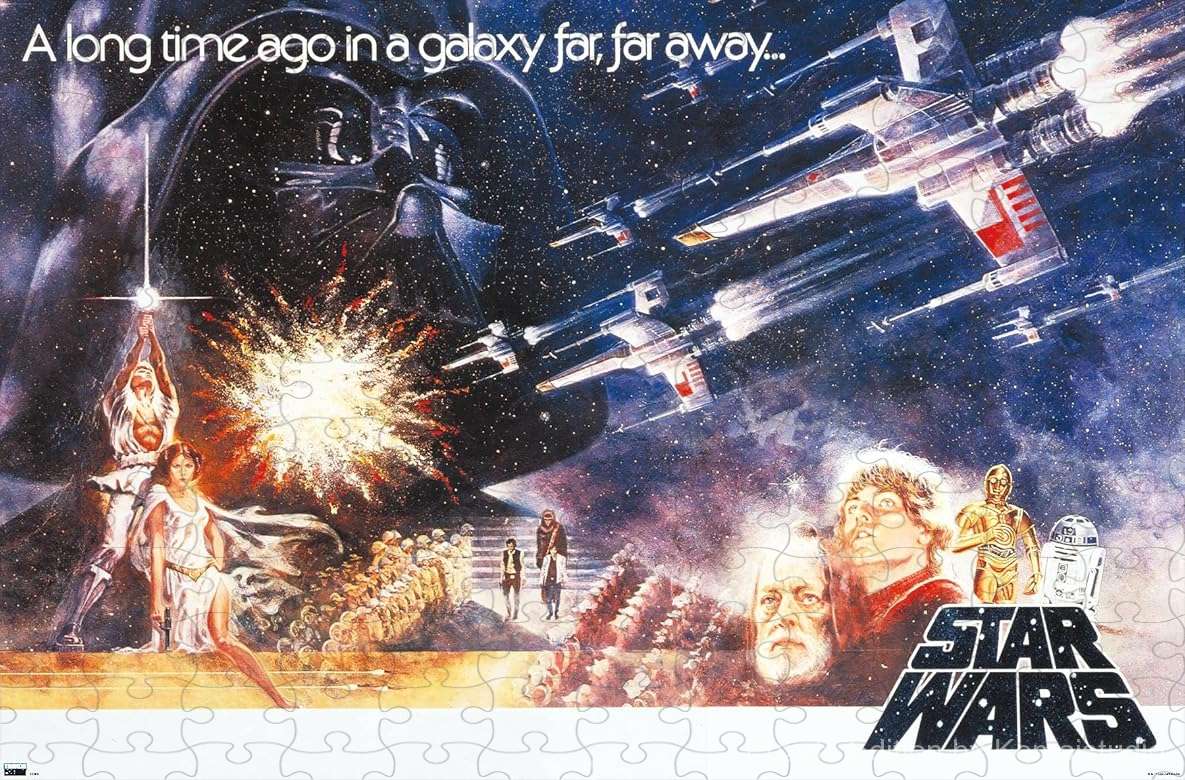 1000-piece wooden jigsaw puzzle featuring a horizontal scene from A New Hope.