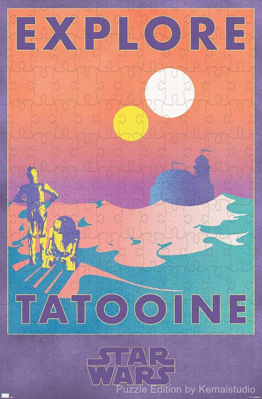 Tatooine's iconic desert landscape and twin suns from Star Wars