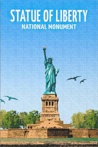 Statue of Liberty New York vintage travel poster jigsaw puzzle for adults, 1000-piece wooden puzzle of the iconic Statue of Liberty.