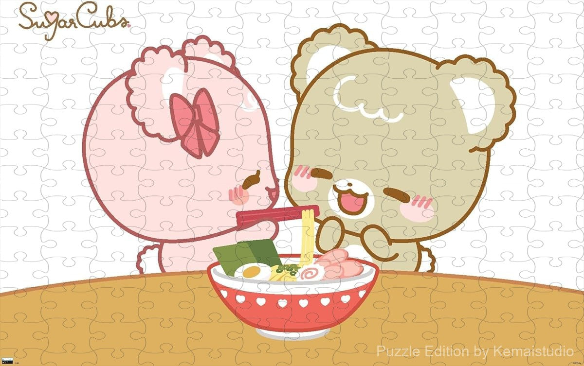 Wooden puzzle featuring adorable Sugar Cubs enjoying ramen, in a cute and whimsical art style