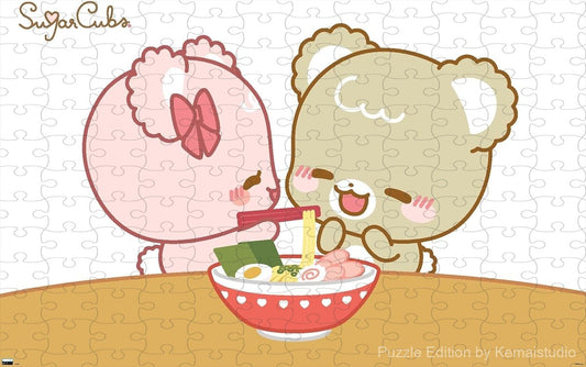 Wooden puzzle featuring adorable Sugar Cubs enjoying ramen, in a cute and whimsical art style
