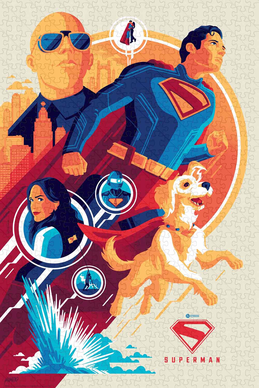 a jigsaw puzzle for : screenprinted variant poster by illustrator, designer and iconic Mondo artist Tom Whalen for the new “Superman” film from DC Studios and Warner Bros. 