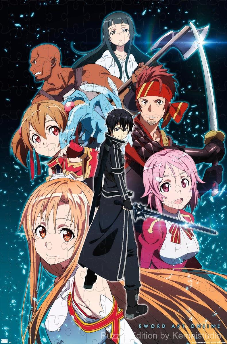 Wooden puzzle featuring the key art from Sword Art Online, showcasing iconic characters in action