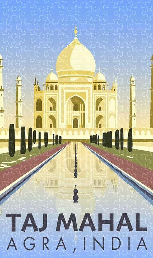 Taj Mahal Agra India vintage travel poster jigsaw puzzle for adults, 1000-piece wooden puzzle of the iconic Taj Mahal.