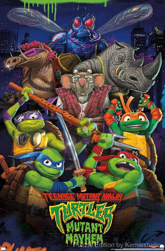 1000-piece wooden jigsaw puzzle featuring the Teenage Mutant Ninja Turtles from Mutant Mayhem.
