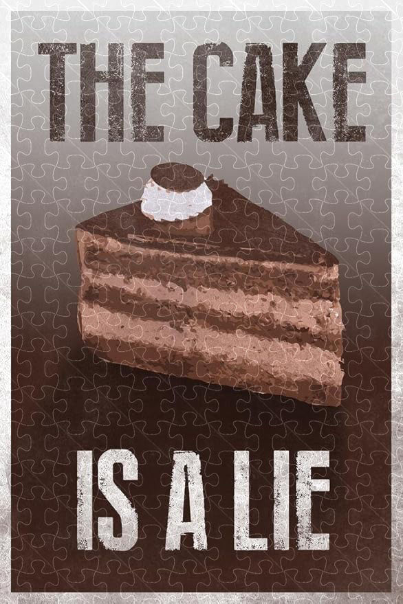 500-piece jigsaw puzzle with The Cake Is A Lie brown video game poster
