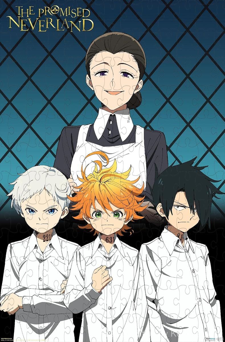 Wooden puzzle featuring Mom and the orphans from The Promised Neverland in a dramatic scene