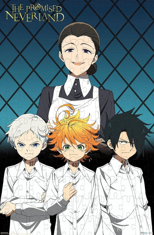 Wooden puzzle featuring Mom and the orphans from The Promised Neverland in a dramatic scene