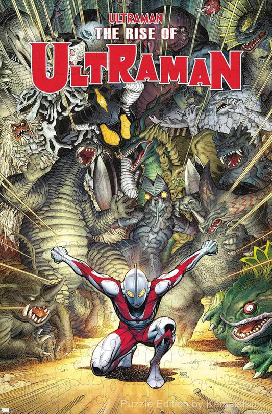 Wooden puzzle featuring the cover art from "The Rise of Ultraman" by Arthur Adams, with bold and dramatic design