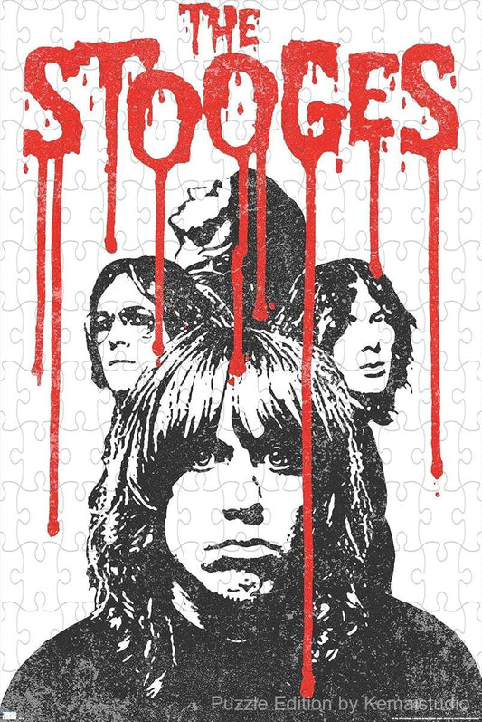A bold punk rock design featuring The Stooges' bleeding band logo in striking red and black