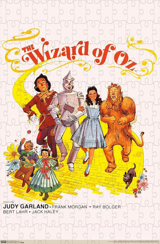 A whimsical scene of Dorothy, Scarecrow, Tin Man and Lion on their journey