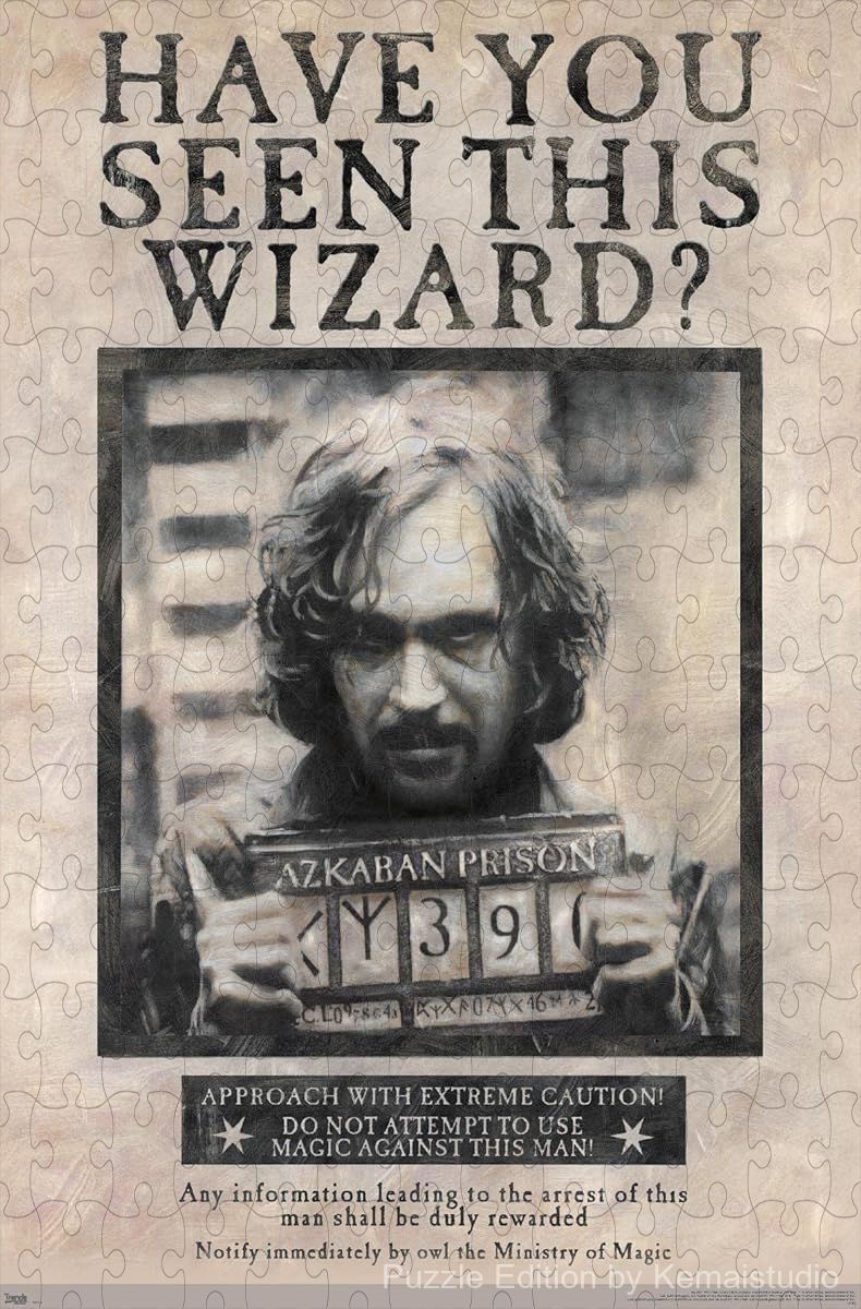 500-piece wooden jigsaw puzzle featuring the Sirius Black wanted poster from the Harry Potter series.
