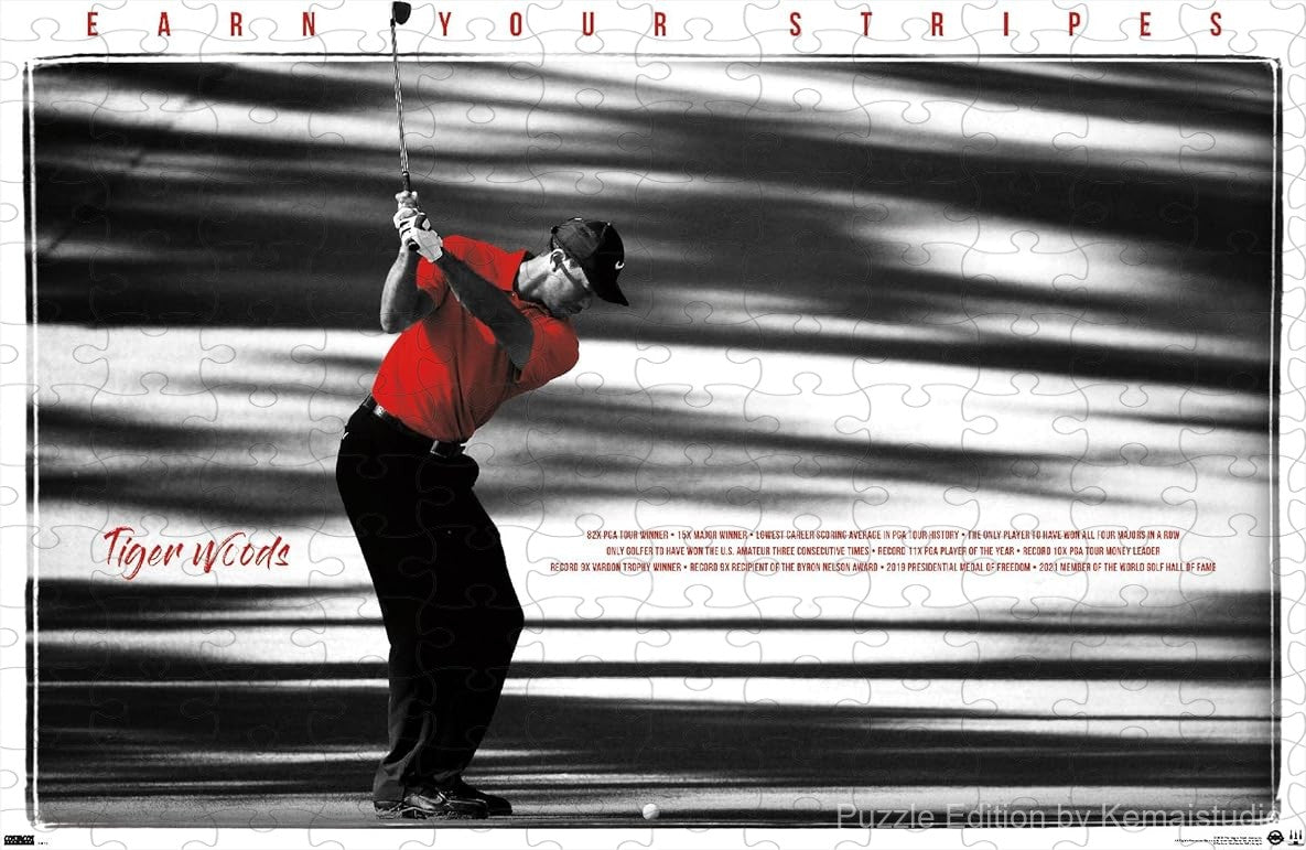 500-piece wooden jigsaw puzzle featuring Tiger Woods' Earn Your Stripes artwork.