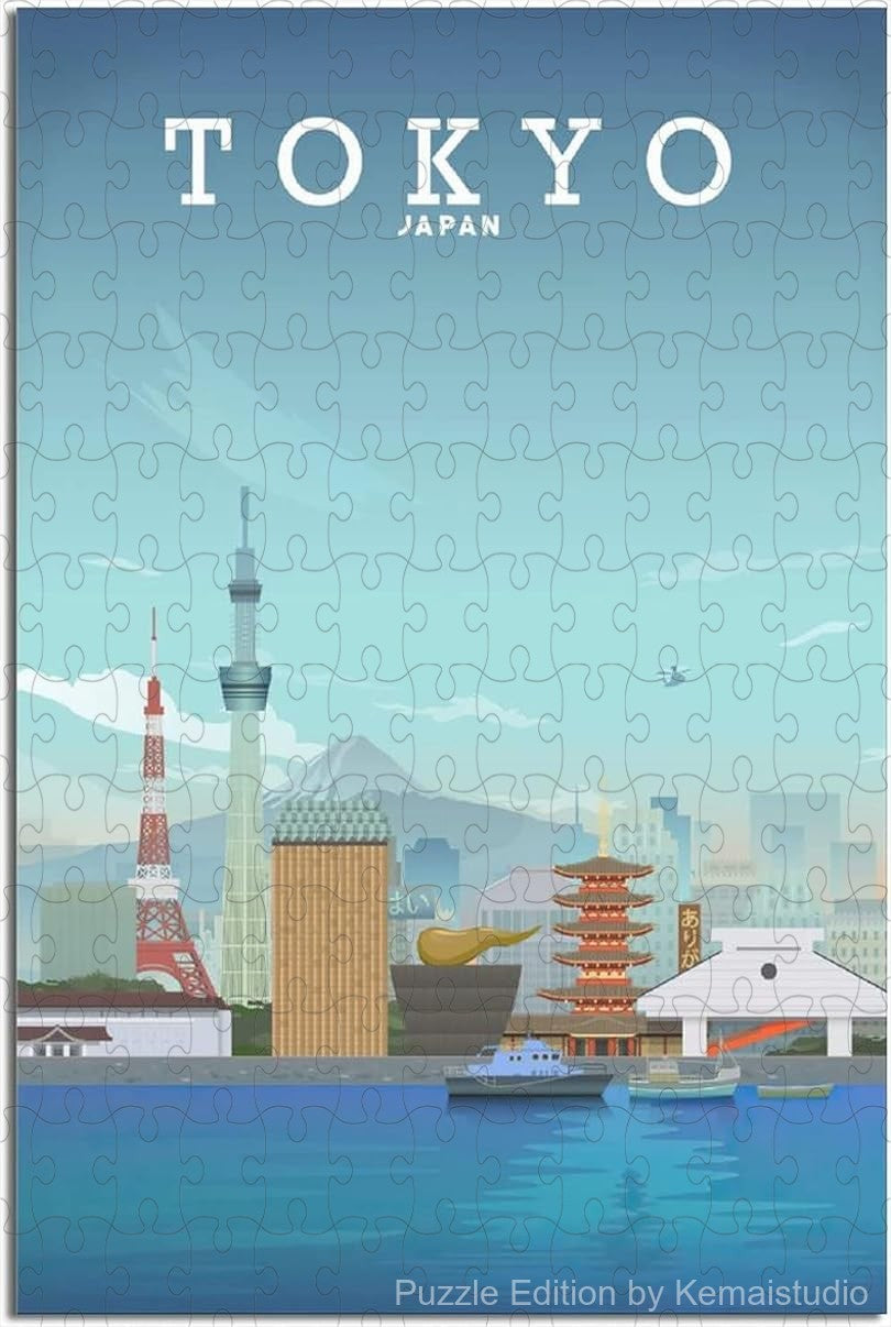 Relax with Tokyo vintage skyline puzzle, featuring iconic cityscape in a wooden jigsaw for adults