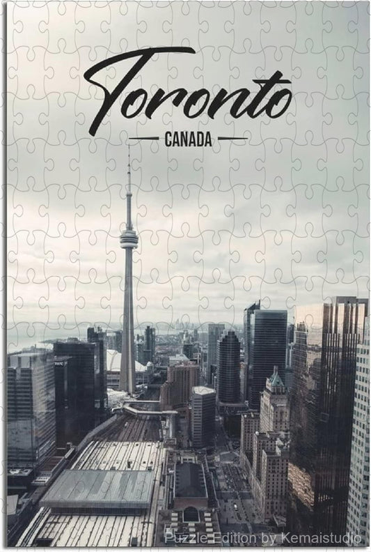 Wooden puzzle featuring Toronto's iconic skyline, showcasing vivid city colors and fine details