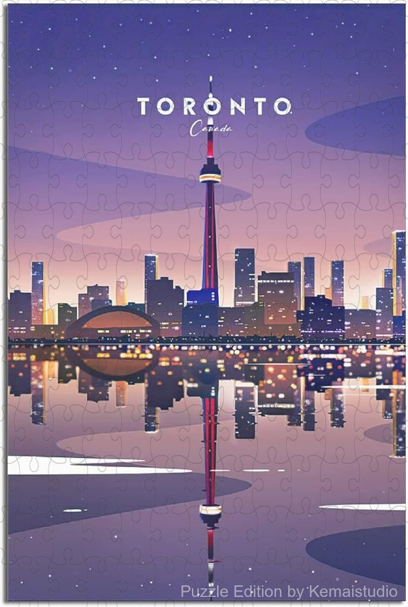 Vintage Toronto city puzzle featuring skyline and CN Tower in poster art