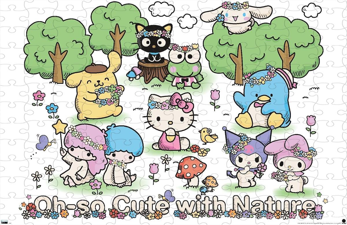 Wooden puzzle featuring Hello Kitty and friends in a nature-inspired scene