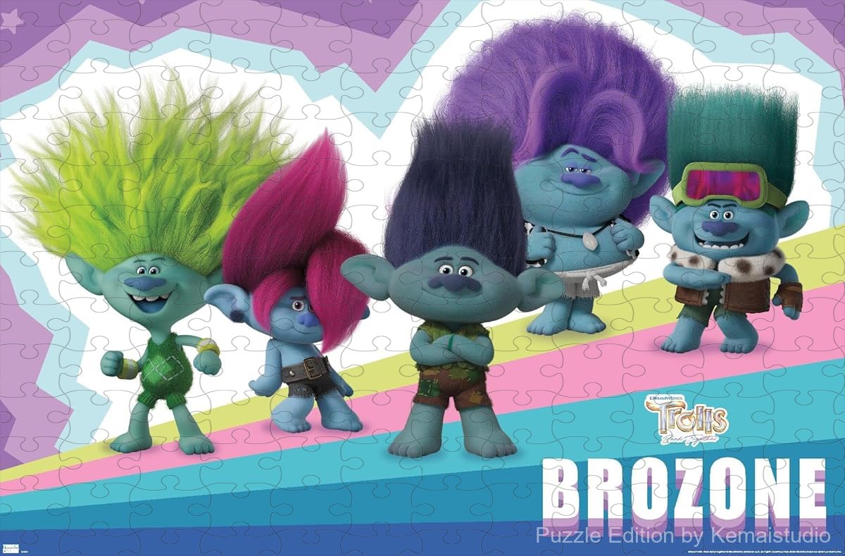 A playful puzzle of the Brozone scene from Trolls, ideal for young fans and fun times