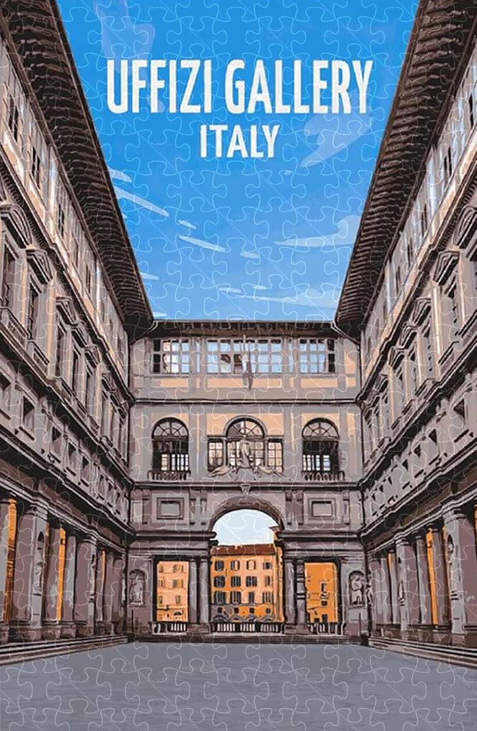 Uffizi Gallery Florence Italy vintage travel poster jigsaw puzzle for adults, 1000-piece wooden puzzle of the world-famous Uffizi Gallery.