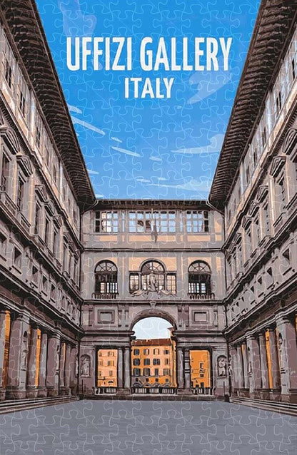 Uffizi Gallery Florence Italy vintage travel poster jigsaw puzzle for adults, 1000-piece wooden puzzle of the world-famous Uffizi Gallery.