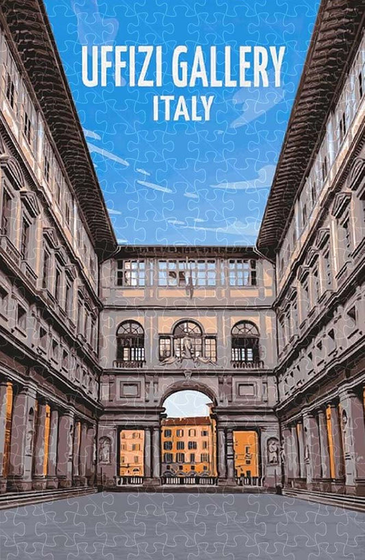 Uffizi Gallery Florence Italy vintage travel poster jigsaw puzzle for adults, 1000-piece wooden puzzle of the world-famous Uffizi Gallery.