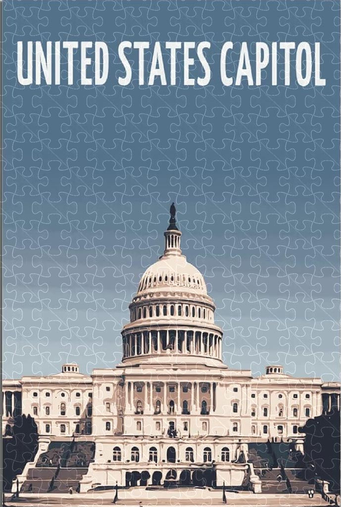United States Capitol Washington vintage travel poster jigsaw puzzle for adults, 1000-piece wooden puzzle of the iconic U.S. Capitol building.