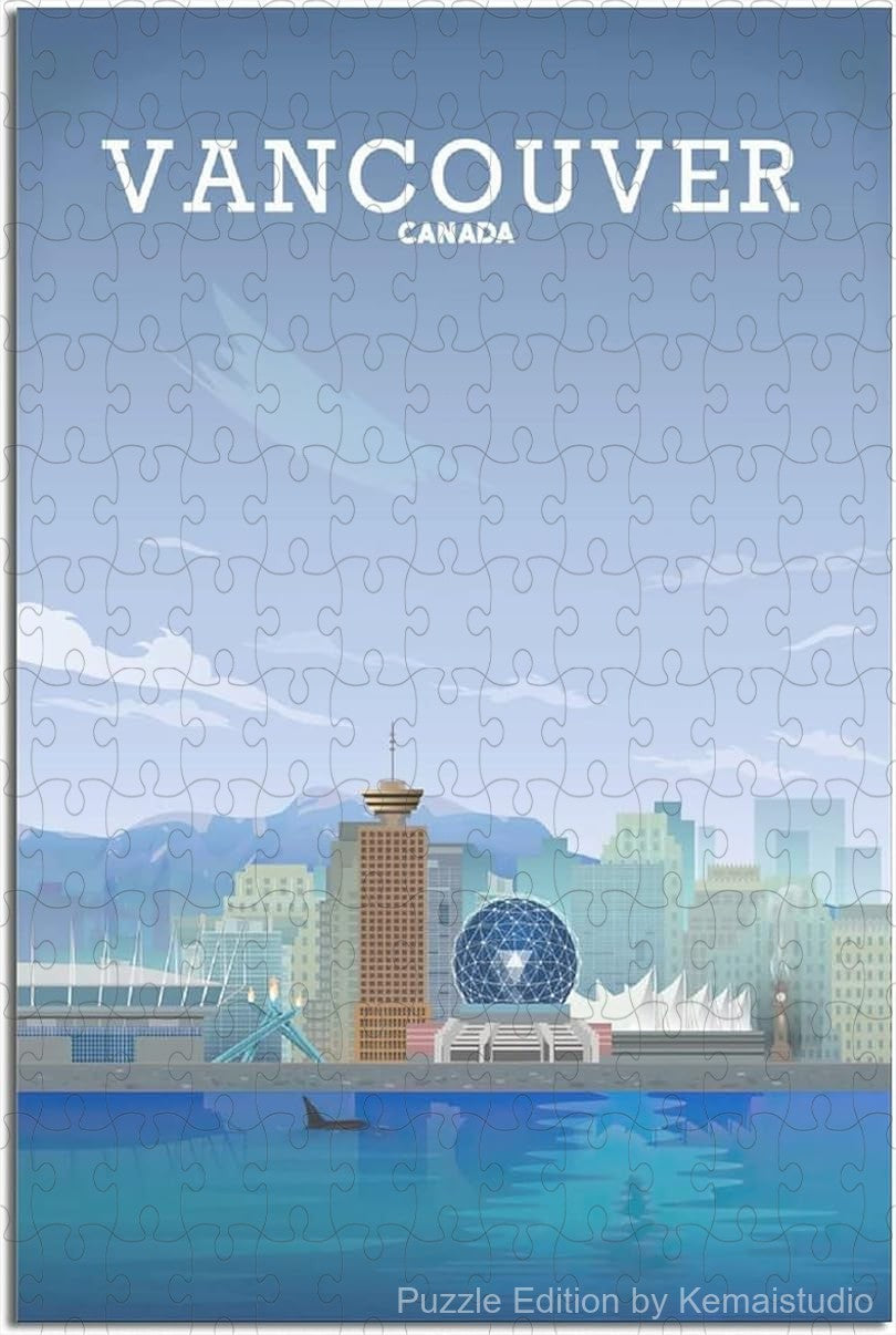 Jigsaw puzzle featuring vintage-style Vancouver city skyline illustration