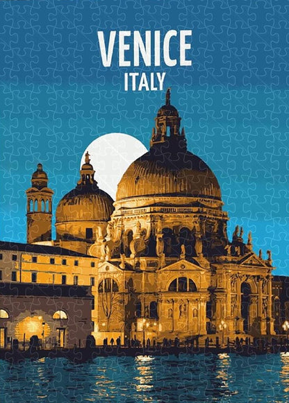 Venice Italy vintage travel poster jigsaw puzzle for adults, 1000-piece wooden puzzle showcasing Venice’s canals and architecture.