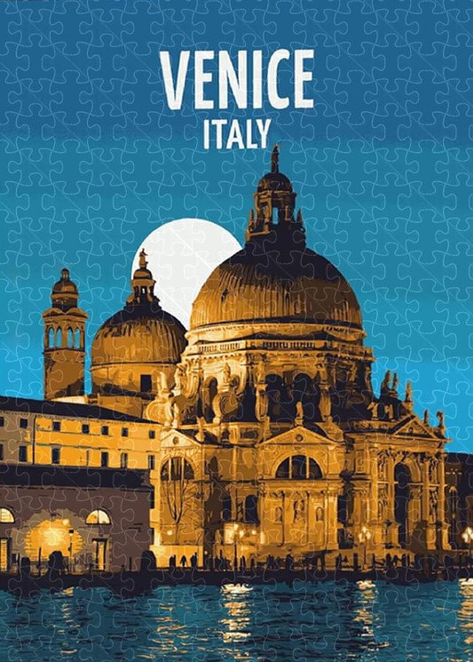 Venice Italy vintage travel poster jigsaw puzzle for adults, 1000-piece wooden puzzle showcasing Venice’s canals and architecture.