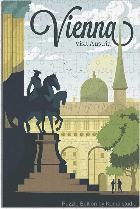 Vienna travel poster puzzle with historic architecture in vintage art style