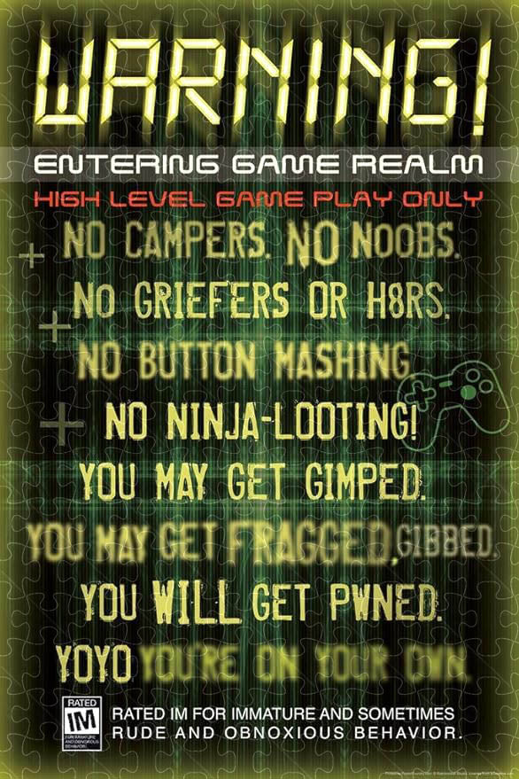 1000-piece puzzle with Warning Entering Game Realm game poster artwork