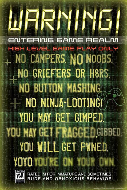 1000-piece puzzle with Warning Entering Game Realm game poster artwork
