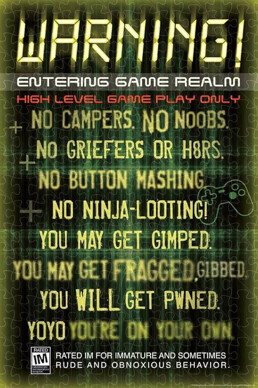 1000-piece puzzle with Warning Entering Game Realm game poster artwork