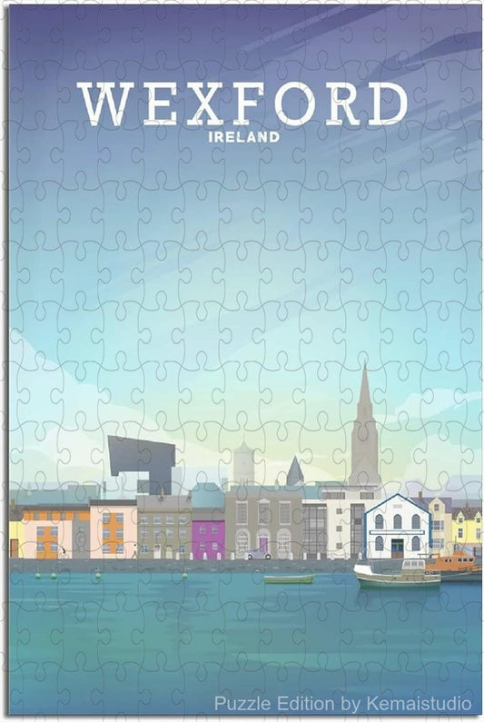 Puzzle artwork of Wexford's skyline with classic travel illustration