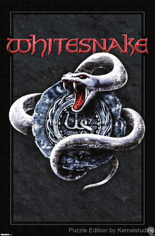 A striking monochrome puzzle of the Whitesnake silver snake logo, ideal for minimalist rock fans