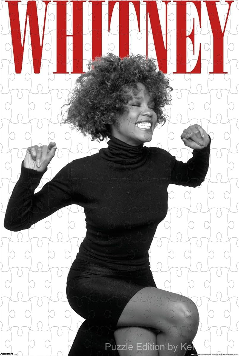 A dramatic and fashionable puzzle of Whitney Houston in red, great for modern decor