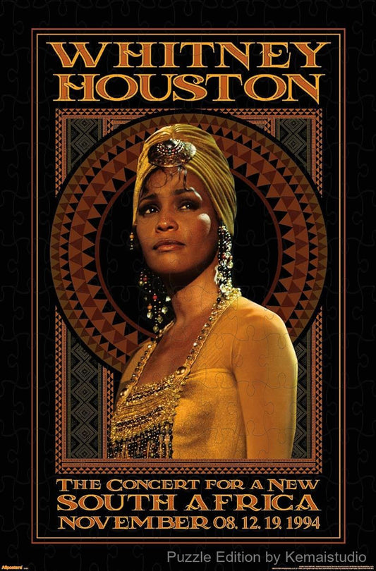A vibrant puzzle of Whitney Houston during her South Africa performance, ideal for music history lovers