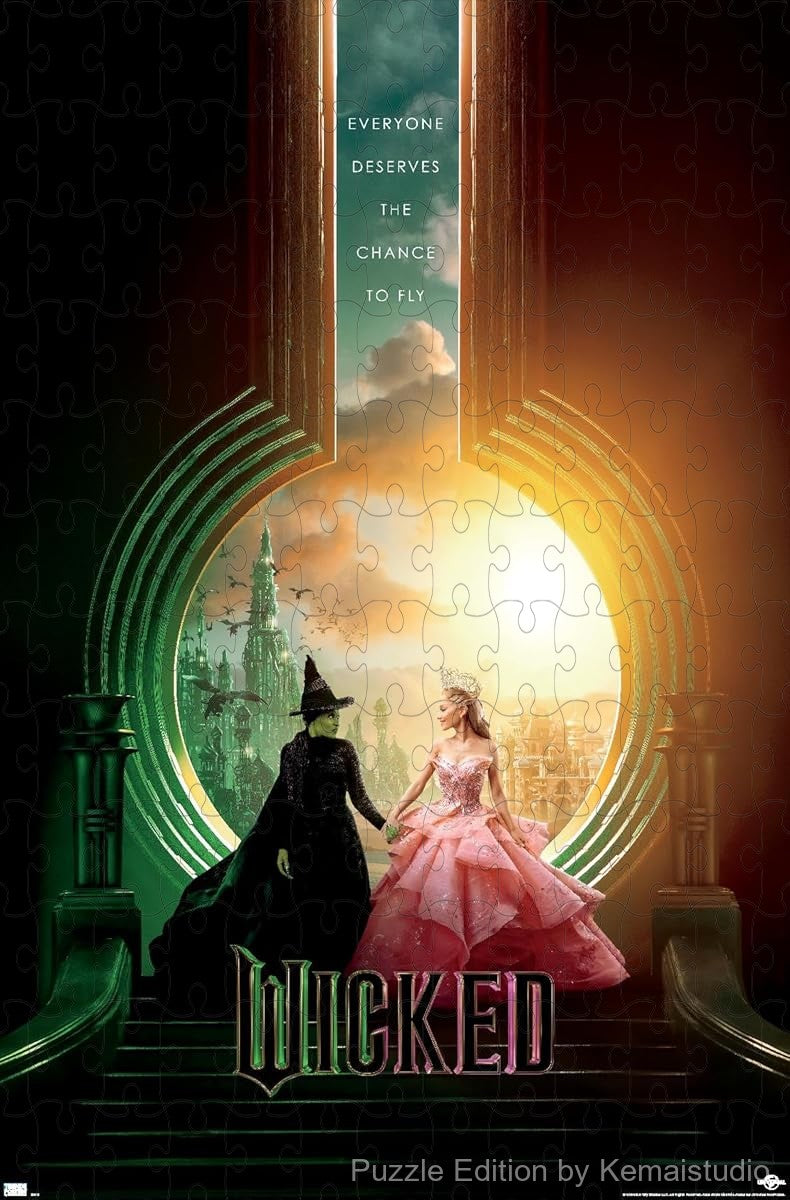300-piece wooden jigsaw puzzle featuring the vibrant key art from the musical Wicked.