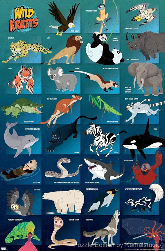 500-piece wooden jigsaw puzzle featuring the Wild Kratts grid of creatures.