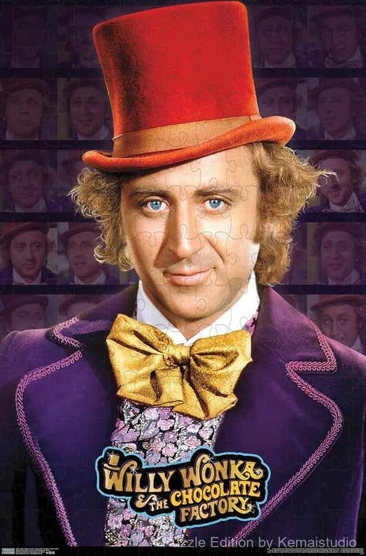 Willy Wonka stands in front of the magical chocolate factory gates