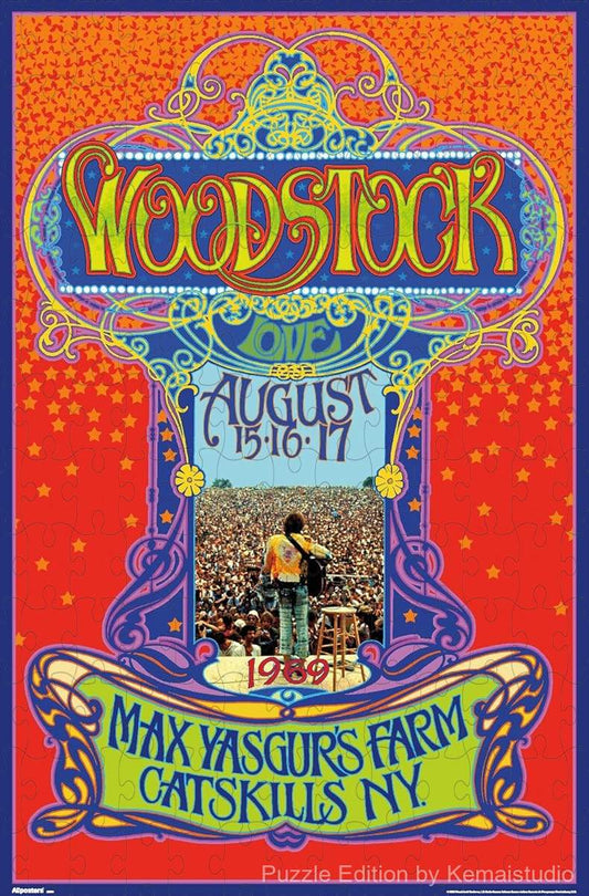 A vibrant and colorful tribute puzzle featuring Bob Masse's iconic Woodstock poster art