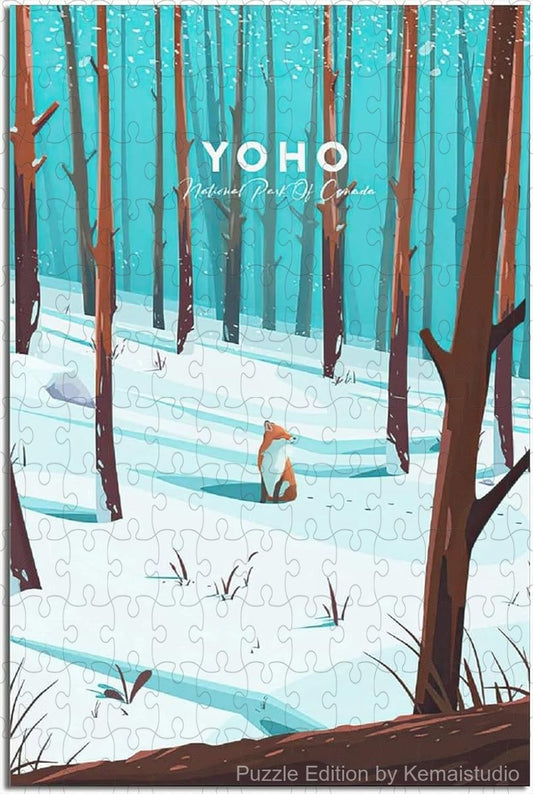 Enjoy Yoho's mountain beauty with this vintage travel poster puzzle, a relaxing wooden jigsaw for adults