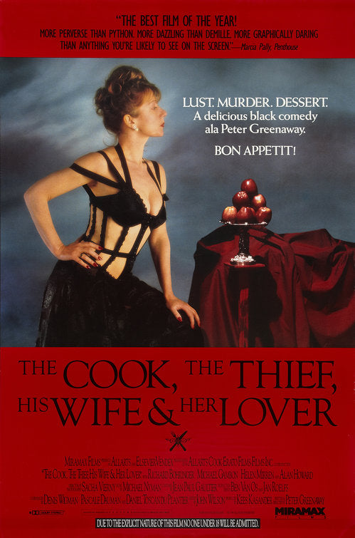 the movie poster: The Cook, the Thief, His Wife, and Her Lover (1990)