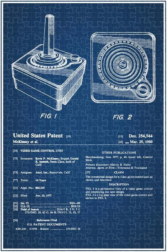 1000-piece wooden puzzle featuring official joystick gaming patent blueprint