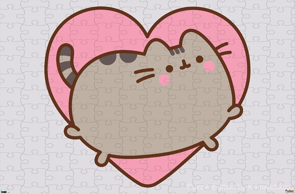 Wooden puzzle featuring Pusheen, the adorable cat, in a cute and playful scene